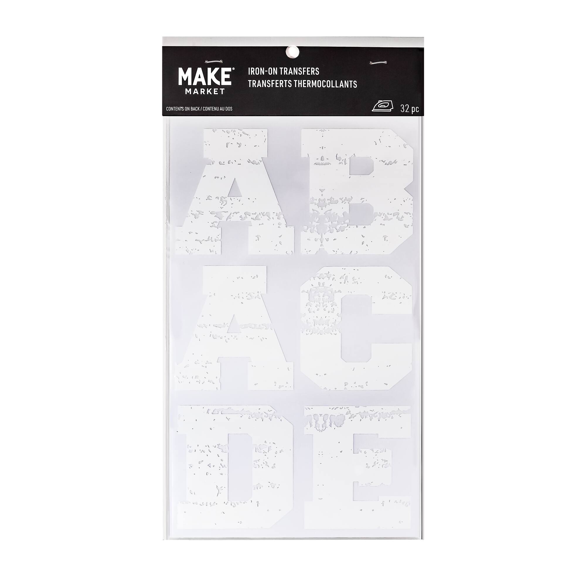 12 Packs: 32 ct. (384 total) 3" White Distressed Letters Iron-On Transfers by Make Market®